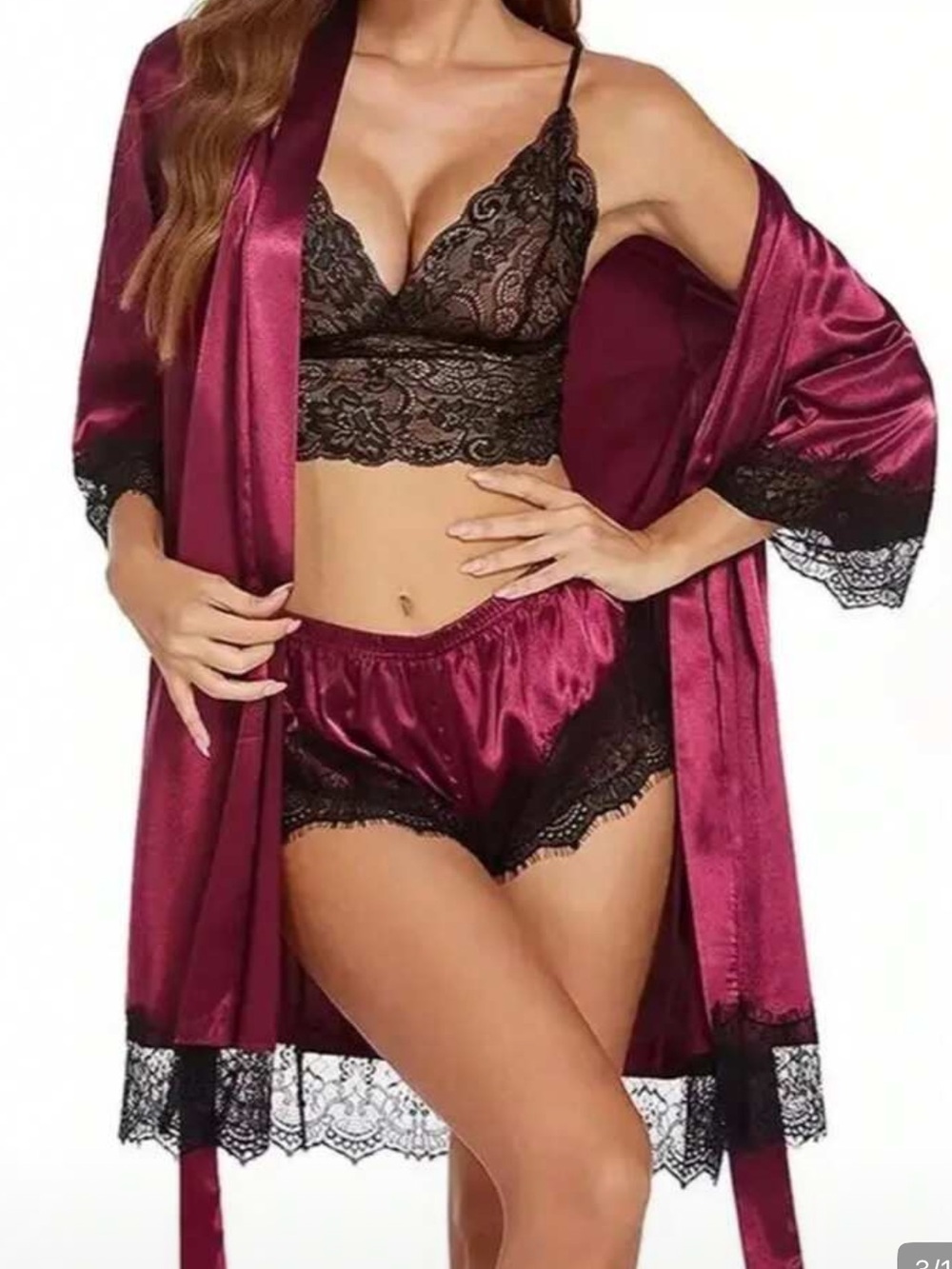 Lingerie honeymoon 4pc bridal Satin Lace Robe Shorts bralette panties set NWT - Picture 3 of 4
